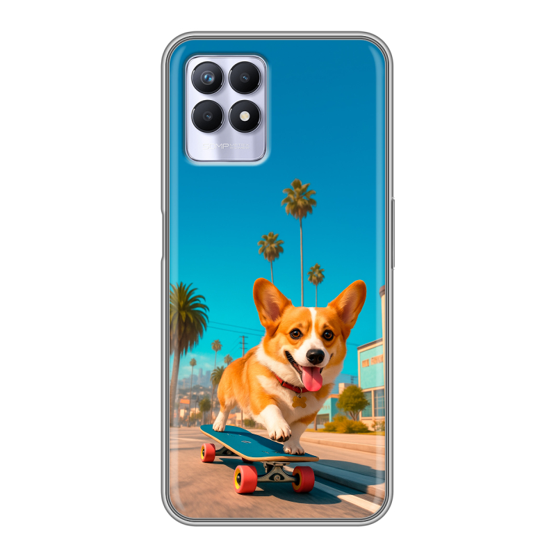 Силиконовый противоударный чехол на Realme 8i с принтом Корги на скейте Силиконовый противоударный чехол на Realme 8i с принтом Корги на скейте