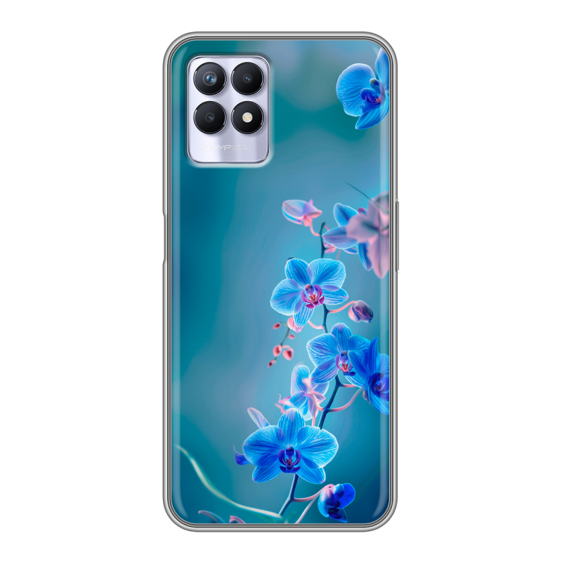 Силиконовый противоударный чехол на Realme 8i с принтом Голубые цветы Силиконовый противоударный чехол на Realme 8i с принтом Голубые цветы