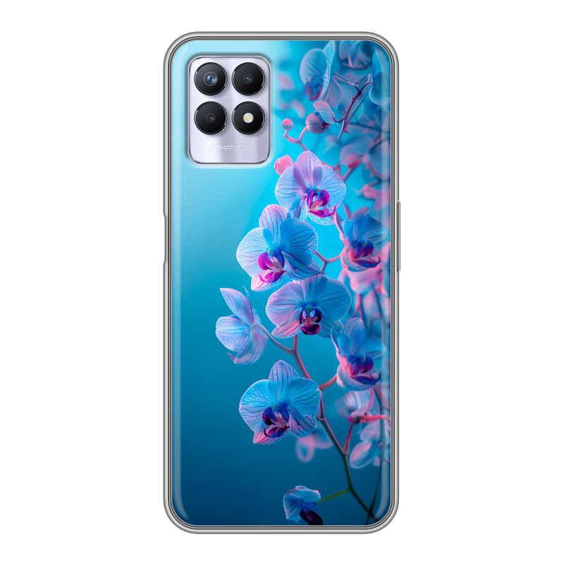 Силиконовый противоударный чехол на Realme 8i с принтом голубые орхидеи Силиконовый противоударный чехол на Realme 8i с принтом голубые орхидеи
