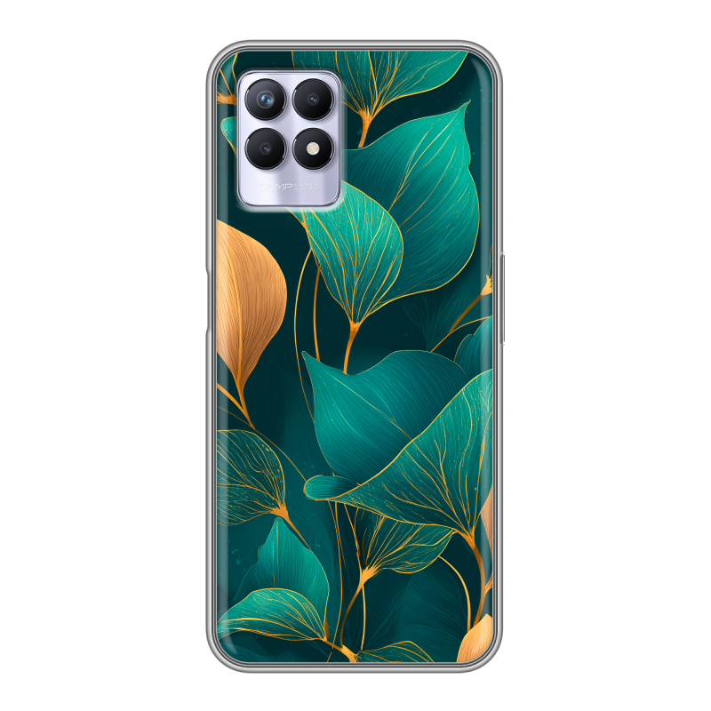 Силиконовый противоударный чехол на Realme 8i с принтом Листья и золото Силиконовый противоударный чехол на Realme 8i с принтом Листья и золото