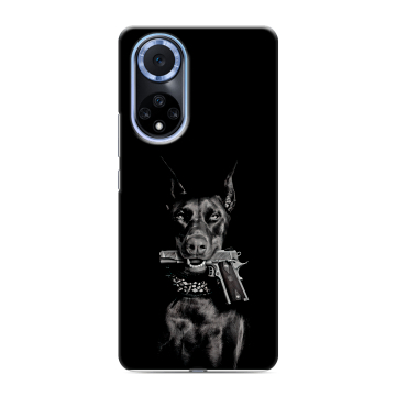 Силиконовый чехол на Huawei Nova 9 с принтом Доберман и пистолет Силиконовый чехол на Huawei Nova 9 с принтом Доберман и пистолет