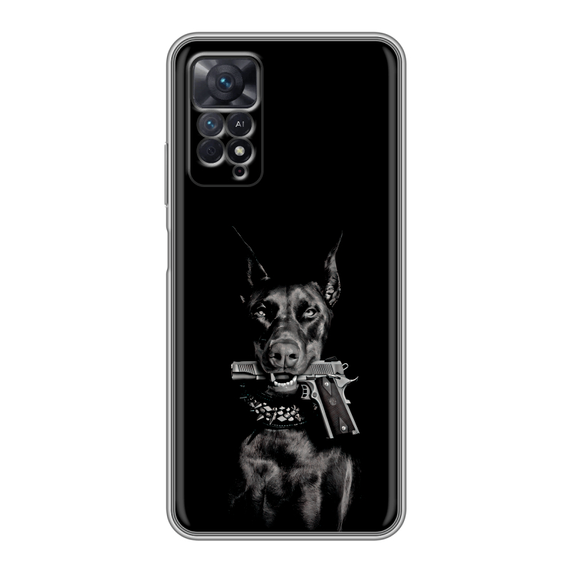Силиконовый противоударный чехол на Xiaomi Redmi Note 11 Pro с принтом Доберман и пистолет Силиконовый противоударный чехол на Xiaomi Redmi Note 11 Pro с принтом Доберман и пистолет