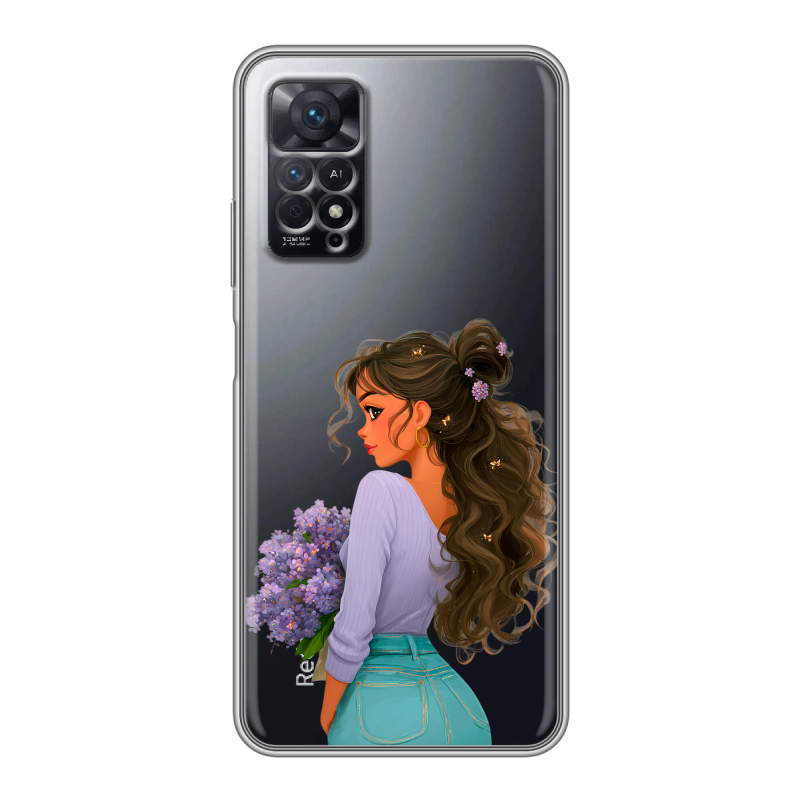 Силиконовый противоударный чехол на Xiaomi Redmi Note 11 Pro с принтом девушка цветы Силиконовый противоударный чехол на Xiaomi Redmi Note 11 Pro с принтом девушка цветы