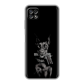 Силиконовый чехол на Samsung Galaxy A22s 5G с принтом Доберман и пистолет Силиконовый чехол на Samsung Galaxy A22s 5G с принтом Доберман и пистолет
