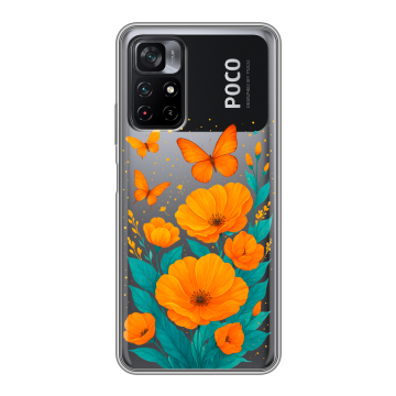 Силиконовый чехол на Xiaomi Poco M4 Pro 5G с принтом цветы бабочки Силиконовый чехол на Xiaomi Poco M4 Pro 5G с принтом цветы бабочки