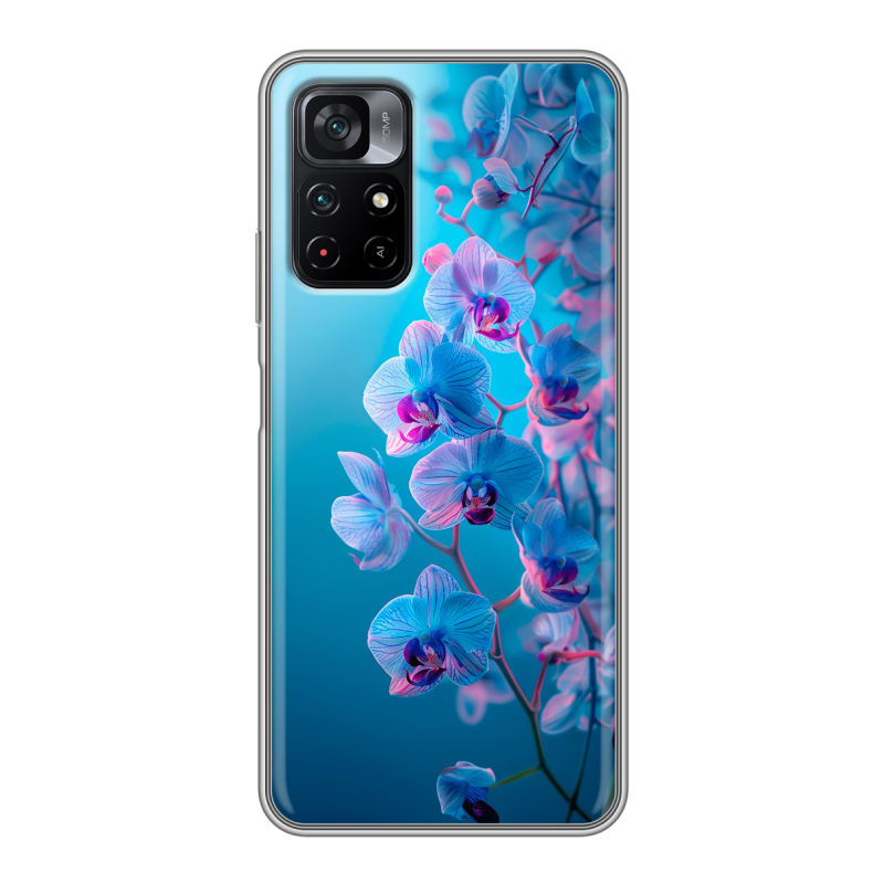 Силиконовый чехол на Xiaomi Poco M4 Pro 5G с принтом голубые орхидеи Силиконовый чехол на Xiaomi Poco M4 Pro 5G с принтом голубые орхидеи