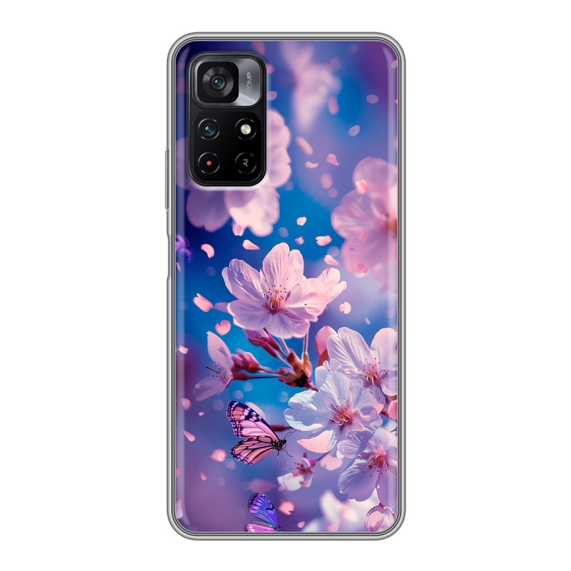 Силиконовый противоударный чехол на Xiaomi Poco M4 Pro 5G с принтом цветы бабочки Силиконовый противоударный чехол на Xiaomi Poco M4 Pro 5G с принтом цветы бабочки