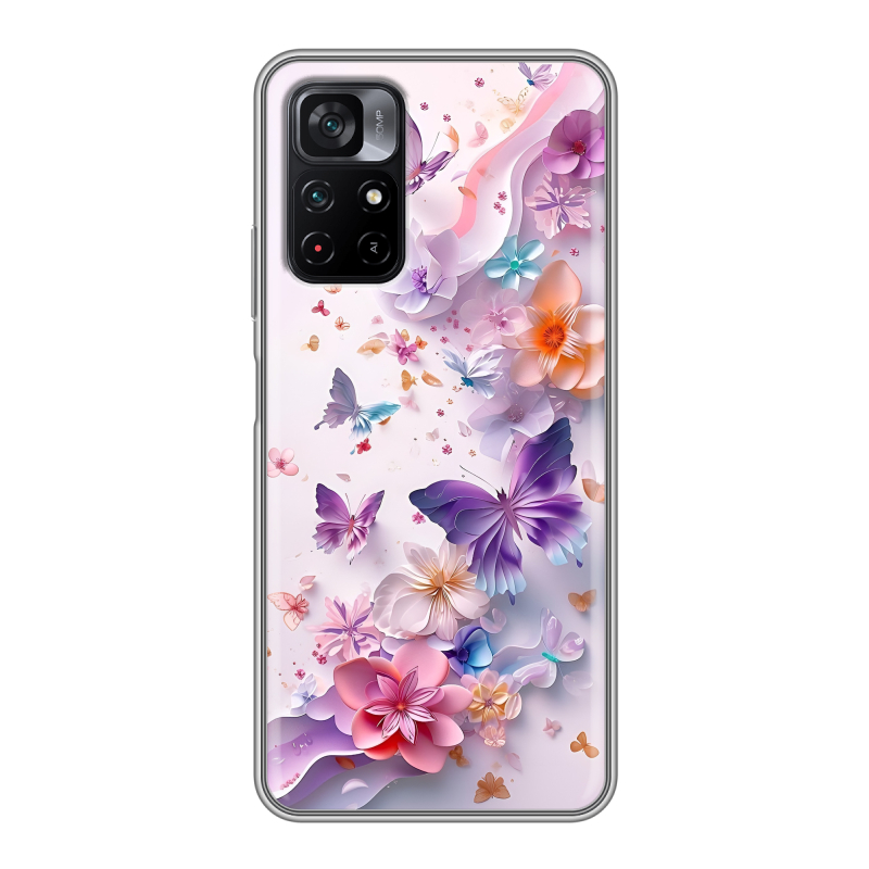 Силиконовый чехол на Xiaomi Poco M4 Pro 5G с принтом цветы бабочки Силиконовый чехол на Xiaomi Poco M4 Pro 5G с принтом цветы бабочки