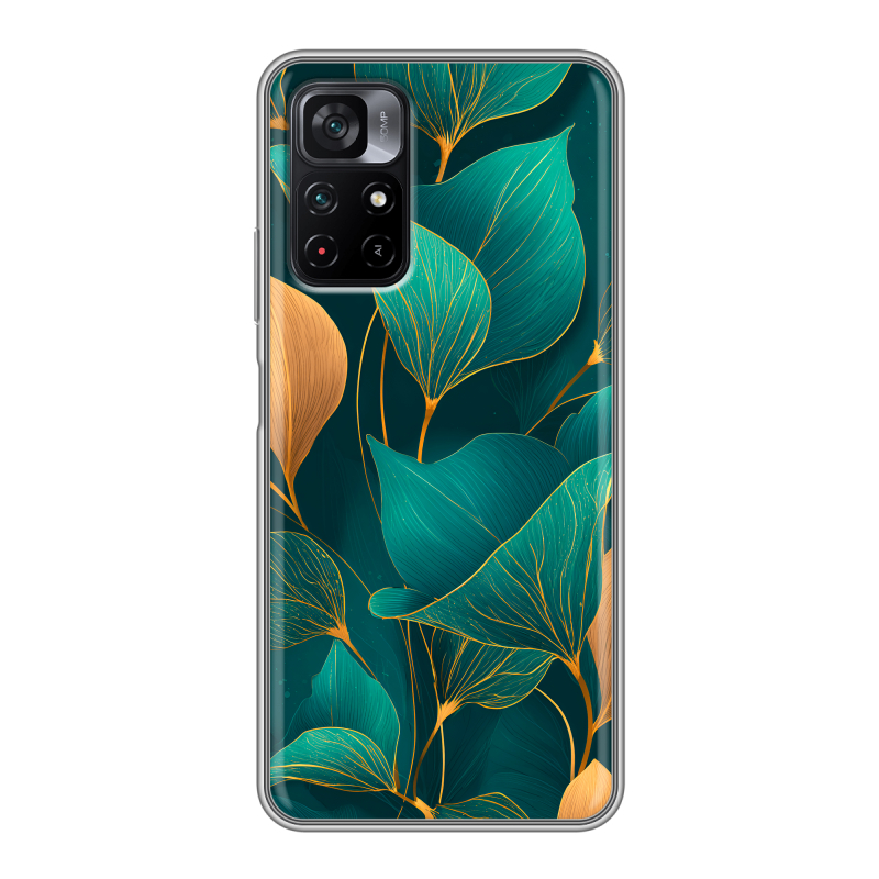 Силиконовый противоударный чехол на Xiaomi Poco M4 Pro 5G с принтом Листья и золото Силиконовый противоударный чехол на Xiaomi Poco M4 Pro 5G с принтом Листья и золото
