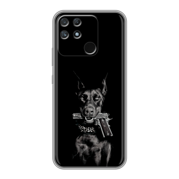 Силиконовый чехол на Realme Narzo 50A с принтом Доберман и пистолет