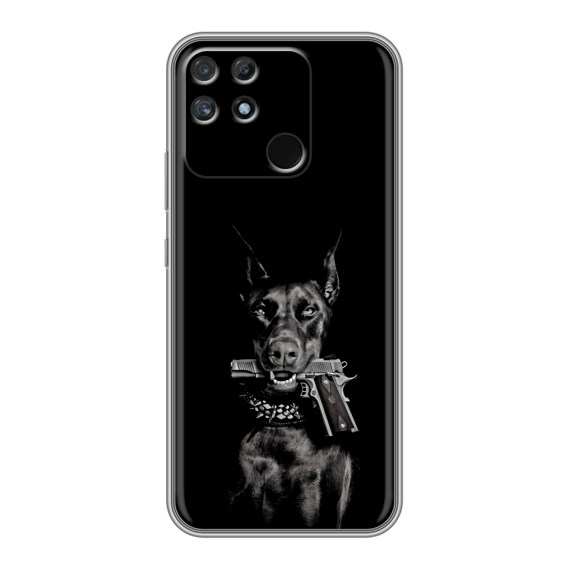 Силиконовый противоударный чехол на Realme Narzo 50A с принтом Доберман и пистолет Силиконовый противоударный чехол на Realme Narzo 50A с принтом Доберман и пистолет