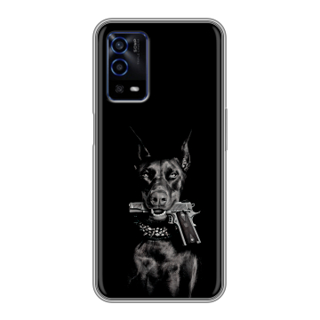 Силиконовый противоударный чехол на OPPO A55 с принтом Доберман и пистолет Силиконовый противоударный чехол на OPPO A55 с принтом Доберман и пистолет
