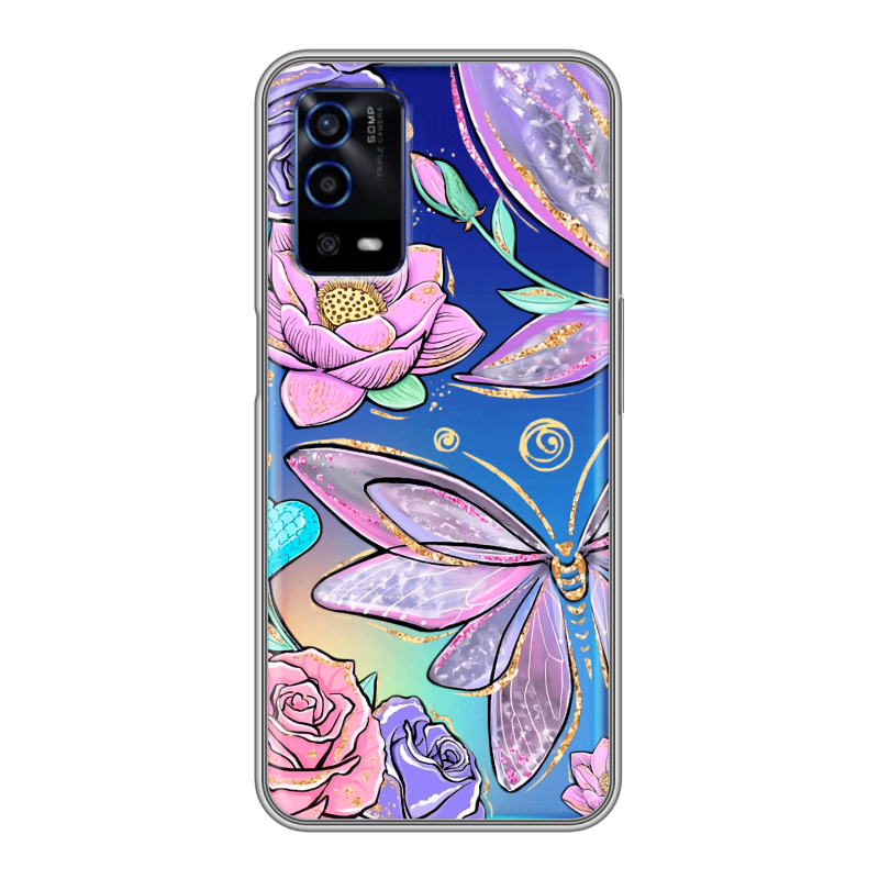 Силиконовый противоударный чехол на OPPO A55 с принтом Бабочки и цветы Силиконовый противоударный чехол на OPPO A55 с принтом Бабочки и цветы