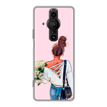 Силиконовый противоударный чехол на Sony Xperia Pro-I с принтом Девушка и букет Силиконовый противоударный чехол на Sony Xperia Pro-I с принтом Девушка и букет