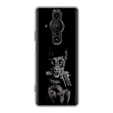 Силиконовый противоударный чехол на Sony Xperia Pro-I с принтом Доберман и пистолет Силиконовый противоударный чехол на Sony Xperia Pro-I с принтом Доберман и пистолет
