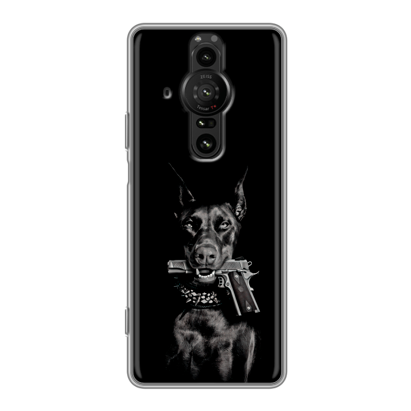 Силиконовый противоударный чехол на Sony Xperia Pro-I с принтом Доберман и пистолет Силиконовый противоударный чехол на Sony Xperia Pro-I с принтом Доберман и пистолет