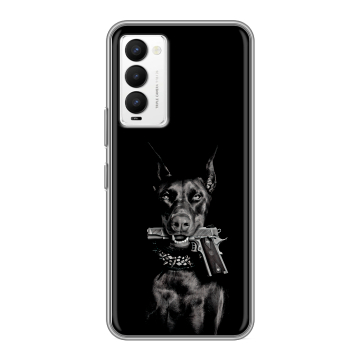 Силиконовый противоударный чехол на Tecno Camon 18 с принтом Доберман и пистолет