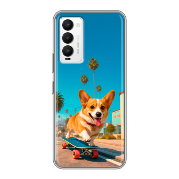 Силиконовый противоударный чехол на Tecno Camon 18 с принтом Корги на скейте Силиконовый противоударный чехол на Tecno Camon 18 с принтом Корги на скейте
