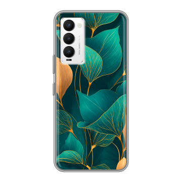 Силиконовый противоударный чехол на Tecno Camon 18 с принтом Листья и золото Силиконовый противоударный чехол на Tecno Camon 18 с принтом Листья и золото