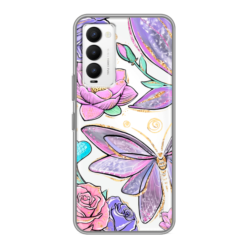 Силиконовый противоударный чехол на Tecno Camon 18 с принтом Бабочки и цветы Силиконовый противоударный чехол на Tecno Camon 18 с принтом Бабочки и цветы