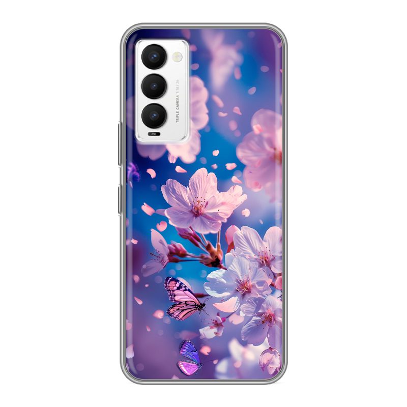 Силиконовый противоударный чехол на Tecno Camon 18 с принтом цветы бабочки Силиконовый противоударный чехол на Tecno Camon 18 с принтом цветы бабочки