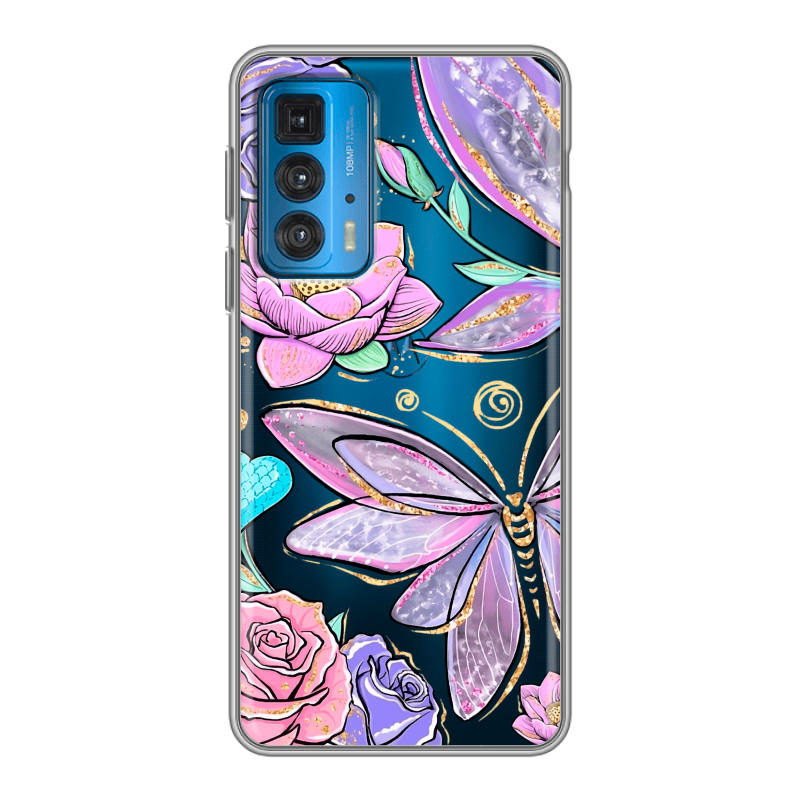 Силиконовый чехол на Motorola Edge 20 с принтом Бабочки и цветы Силиконовый чехол на Motorola Edge 20 с принтом Бабочки и цветы
