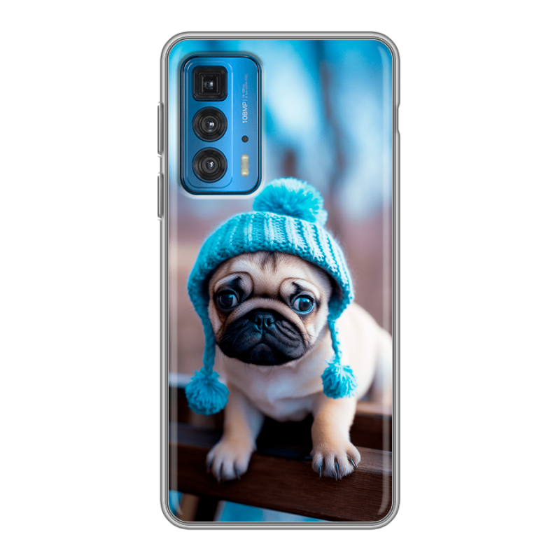 Силиконовый противоударный чехол на Motorola Edge 20 с принтом Мопс в шапке Силиконовый противоударный чехол на Motorola Edge 20 с принтом Мопс в шапке