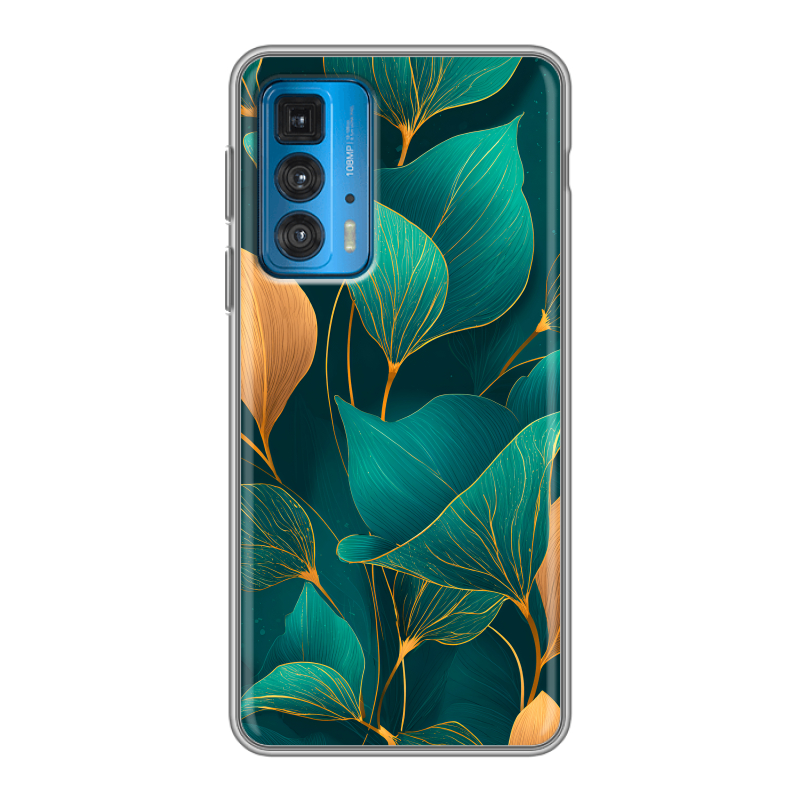Силиконовый противоударный чехол на Motorola Edge 20 с принтом Листья и золото Силиконовый противоударный чехол на Motorola Edge 20 с принтом Листья и золото