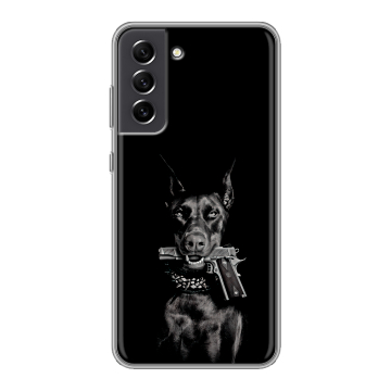 Силиконовый чехол на Samsung Galaxy S21 FE с принтом Доберман и пистолет