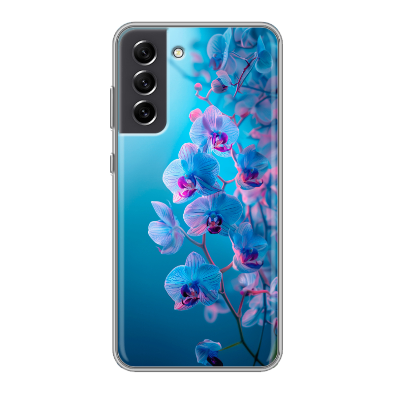 Пластиковый чехол на Samsung Galaxy S21 FE с принтом голубые орхидеи Пластиковый чехол на Samsung Galaxy S21 FE с принтом голубые орхидеи