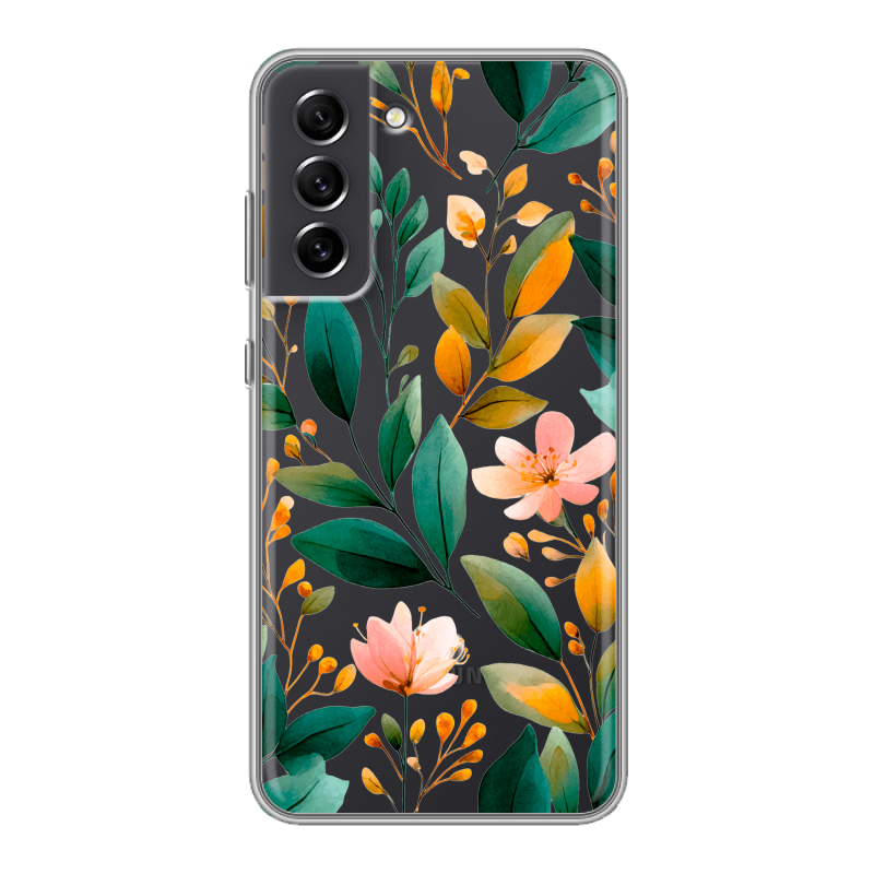 Силиконовый противоударный чехол на Samsung Galaxy S21 FE с принтом Цветы паттерн Силиконовый противоударный чехол на Samsung Galaxy S21 FE с принтом Цветы паттерн