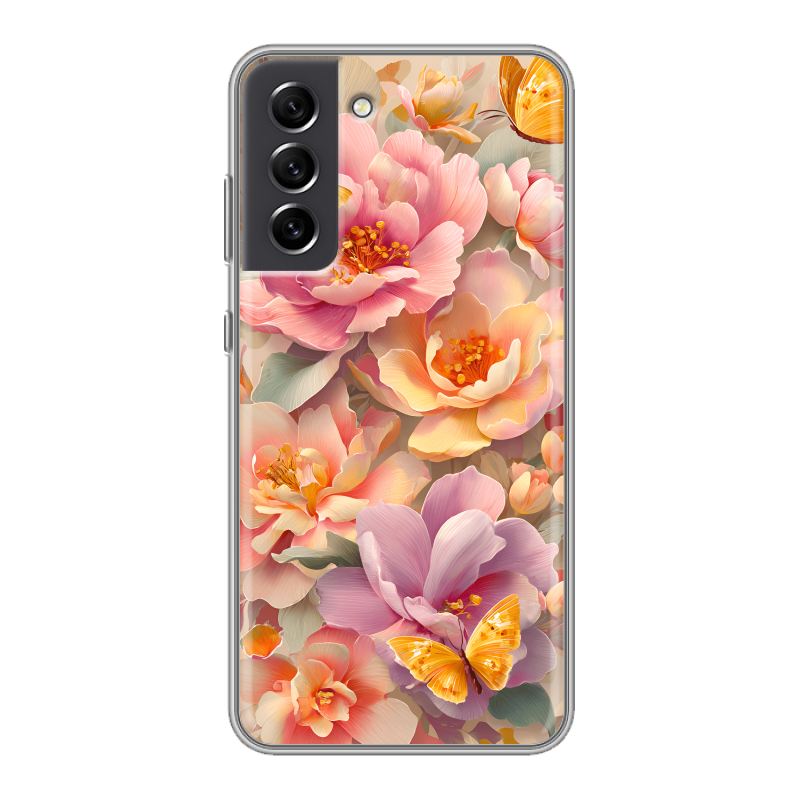Силиконовый чехол на Samsung Galaxy S21 FE с принтом Цветы и бабочки Силиконовый чехол на Samsung Galaxy S21 FE с принтом Цветы и бабочки