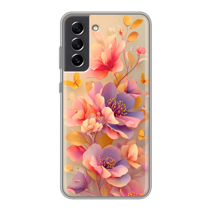 Силиконовый противоударный чехол на Samsung Galaxy S21 FE с принтом Цветы и бабочки Силиконовый противоударный чехол на Samsung Galaxy S21 FE с принтом Цветы и бабочки