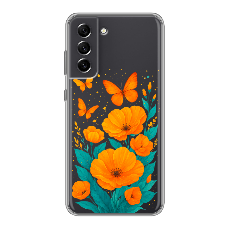 Силиконовый противоударный чехол на Samsung Galaxy S21 FE с принтом цветы бабочки Силиконовый противоударный чехол на Samsung Galaxy S21 FE с принтом цветы бабочки