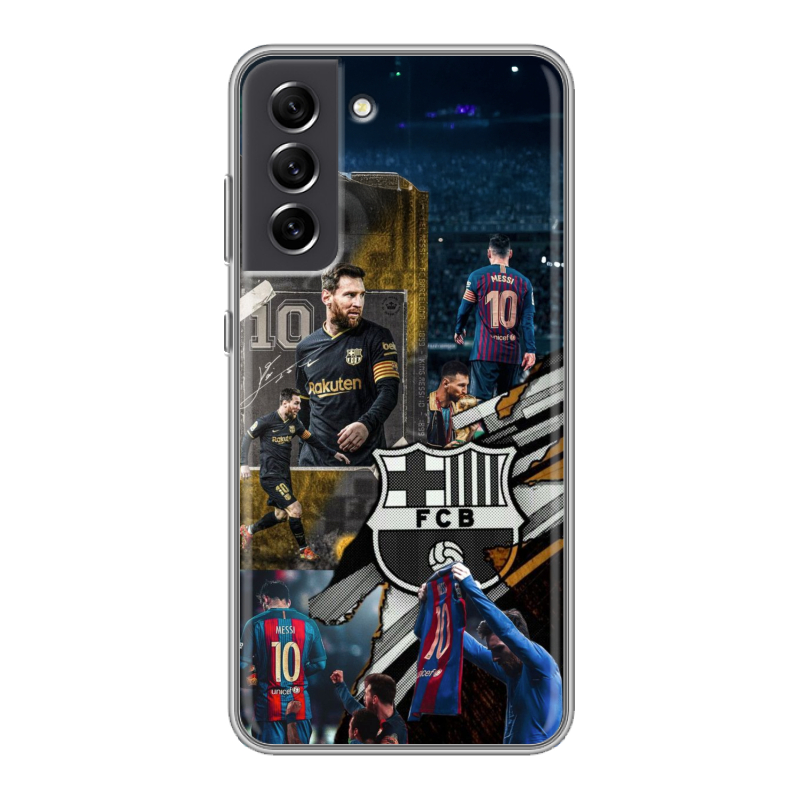 Силиконовый противоударный чехол на Samsung Galaxy S21 FE с принтом Messi Barcelona Силиконовый противоударный чехол на Samsung Galaxy S21 FE с принтом Messi Barcelona