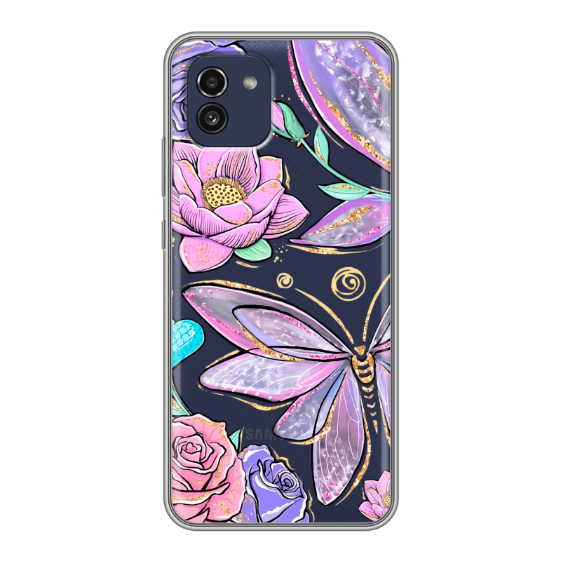 Силиконовый чехол на Samsung Galaxy A03 с принтом Бабочки и цветы Силиконовый чехол на Samsung Galaxy A03 с принтом Бабочки и цветы