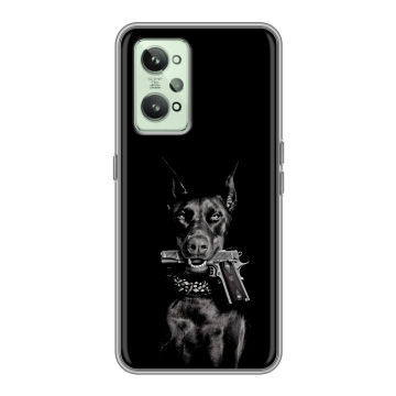 Силиконовый чехол на Realme GT2 с принтом Доберман и пистолет