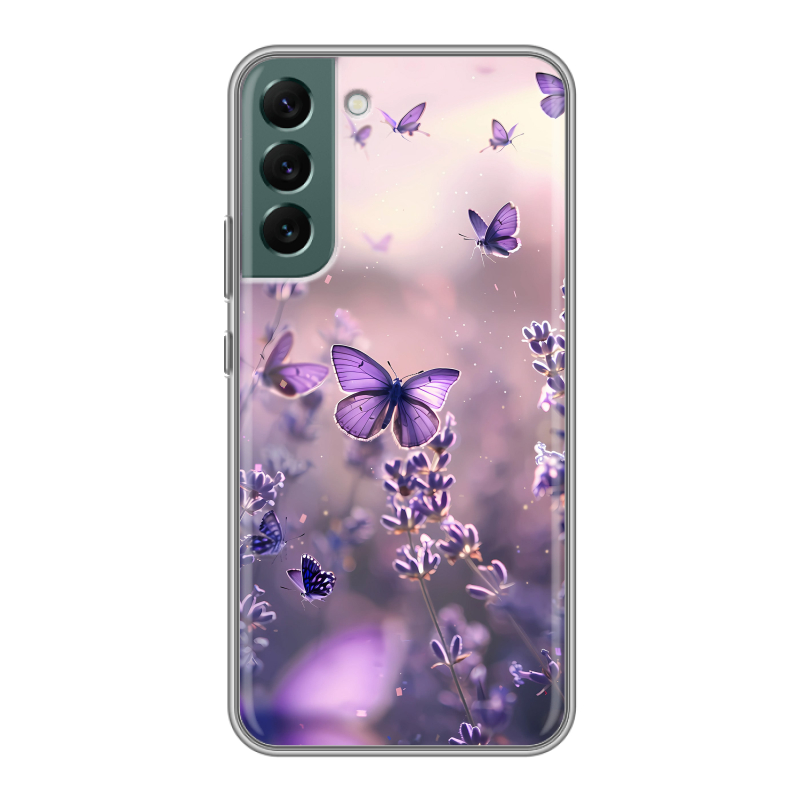 Силиконовый противоударный чехол на Samsung Galaxy S22 Plus с принтом бабочки и лаванда Силиконовый противоударный чехол на Samsung Galaxy S22 Plus с принтом бабочки и лаванда