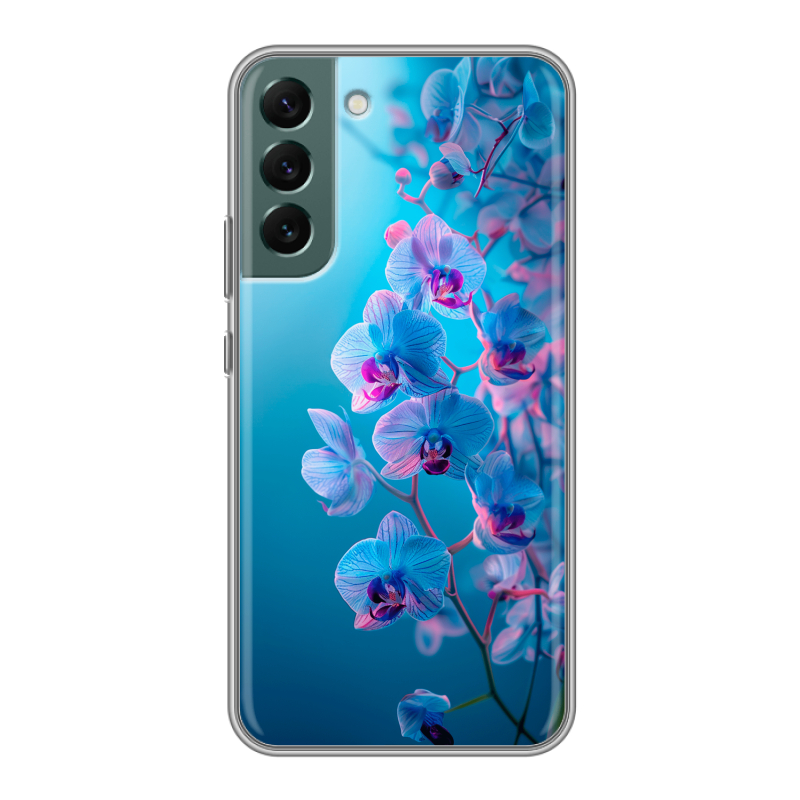 Силиконовый противоударный чехол на Samsung Galaxy S22 Plus с принтом голубые орхидеи Силиконовый противоударный чехол на Samsung Galaxy S22 Plus с принтом голубые орхидеи