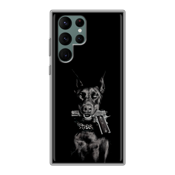 Силиконовый чехол на Samsung Galaxy S22 Ultra с принтом Доберман и пистолет Силиконовый чехол на Samsung Galaxy S22 Ultra с принтом Доберман и пистолет