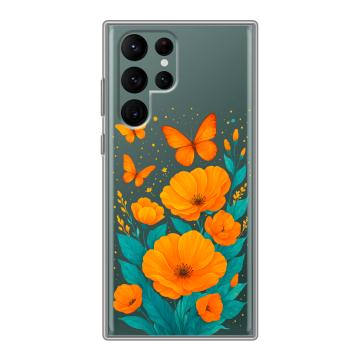 Силиконовый чехол на Samsung Galaxy S22 Ultra с принтом цветы бабочки Силиконовый чехол на Samsung Galaxy S22 Ultra с принтом цветы бабочки