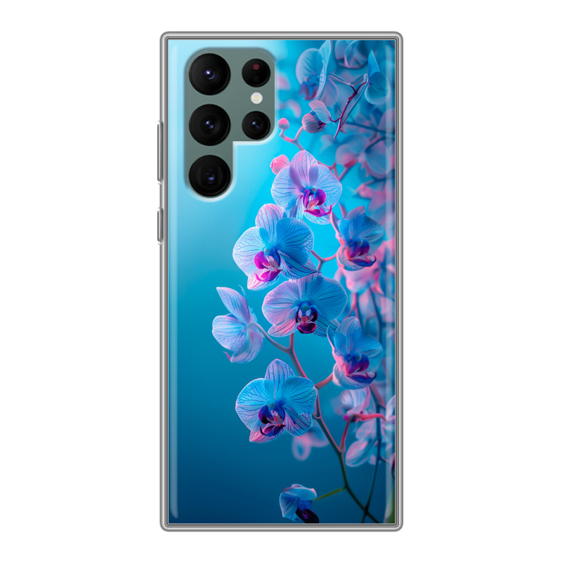 Силиконовый чехол на Samsung Galaxy S22 Ultra с принтом голубые орхидеи Силиконовый чехол на Samsung Galaxy S22 Ultra с принтом голубые орхидеи