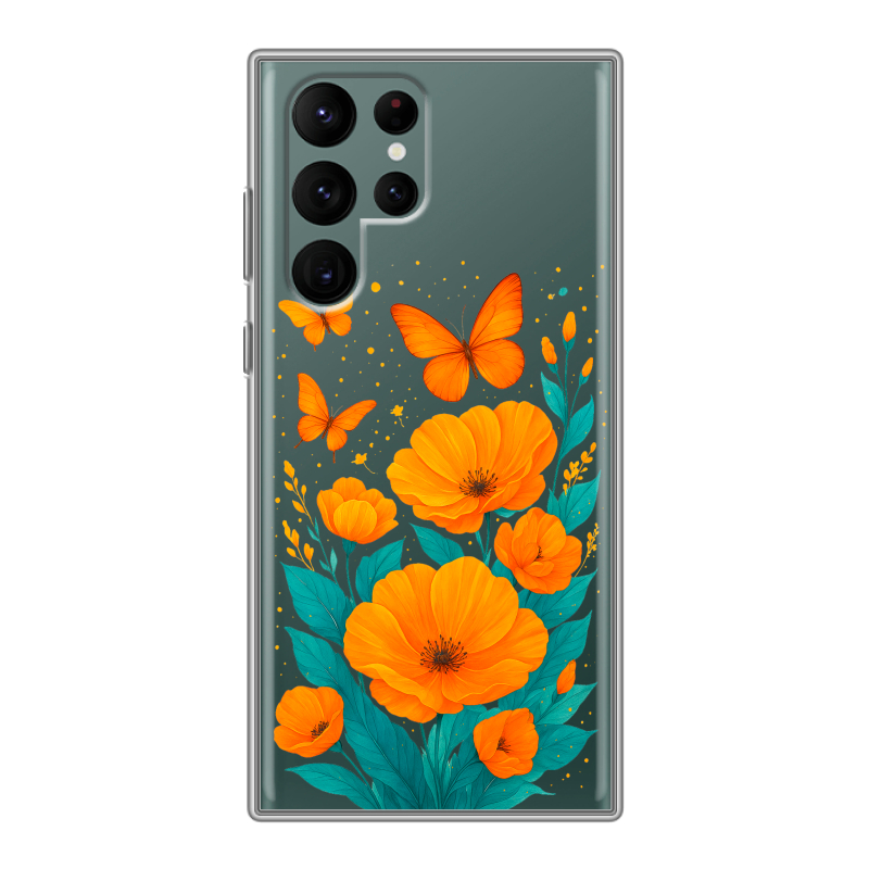 Силиконовый чехол на Samsung Galaxy S22 Ultra с принтом цветы бабочки Силиконовый чехол на Samsung Galaxy S22 Ultra с принтом цветы бабочки