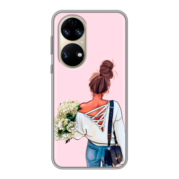 Силиконовый чехол на Huawei P50 Pro с принтом Девушка и букет