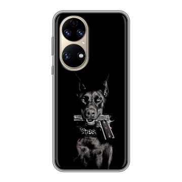 Силиконовый чехол на Huawei P50 Pro с принтом Доберман и пистолет