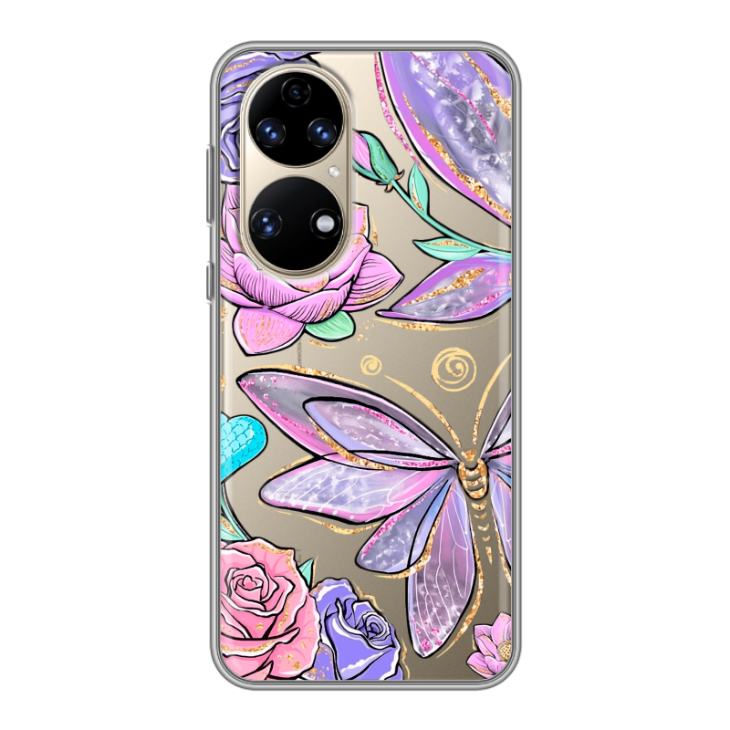 Силиконовый противоударный чехол на Huawei P50 Pro с принтом Бабочки и цветы Силиконовый противоударный чехол на Huawei P50 Pro с принтом Бабочки и цветы
