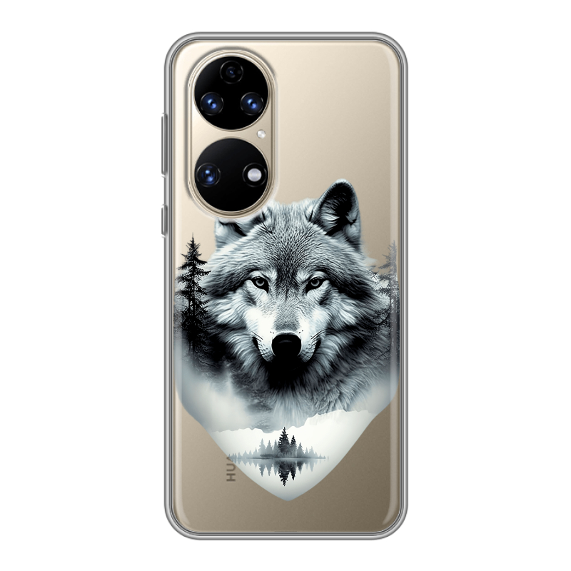 Силиконовый противоударный чехол на Huawei P50 Pro с принтом Волк в лесу Силиконовый противоударный чехол на Huawei P50 Pro с принтом Волк в лесу