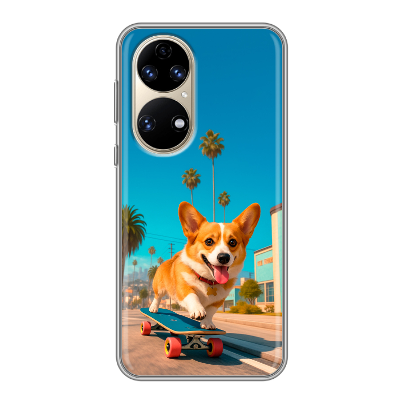 Силиконовый чехол на Huawei P50 Pro с принтом Корги на скейте Силиконовый чехол на Huawei P50 Pro с принтом Корги на скейте