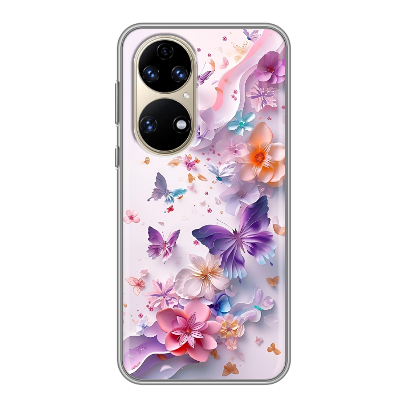 Силиконовый противоударный чехол на Huawei P50 Pro с принтом цветы бабочки Силиконовый противоударный чехол на Huawei P50 Pro с принтом цветы бабочки