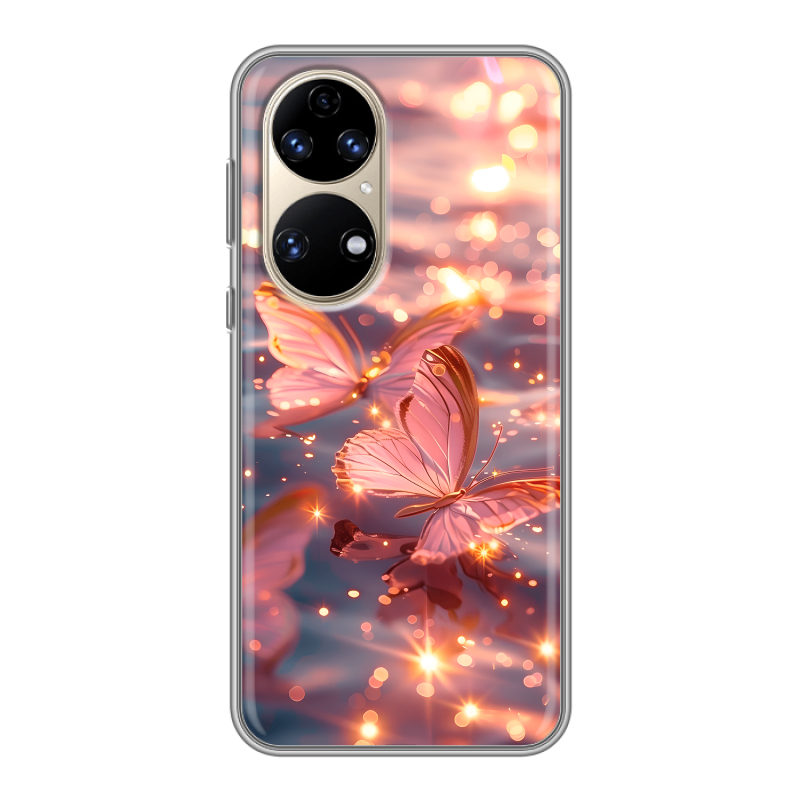 Силиконовый чехол на Huawei P50 Pro с принтом бабочки розовые Силиконовый чехол на Huawei P50 Pro с принтом бабочки розовые